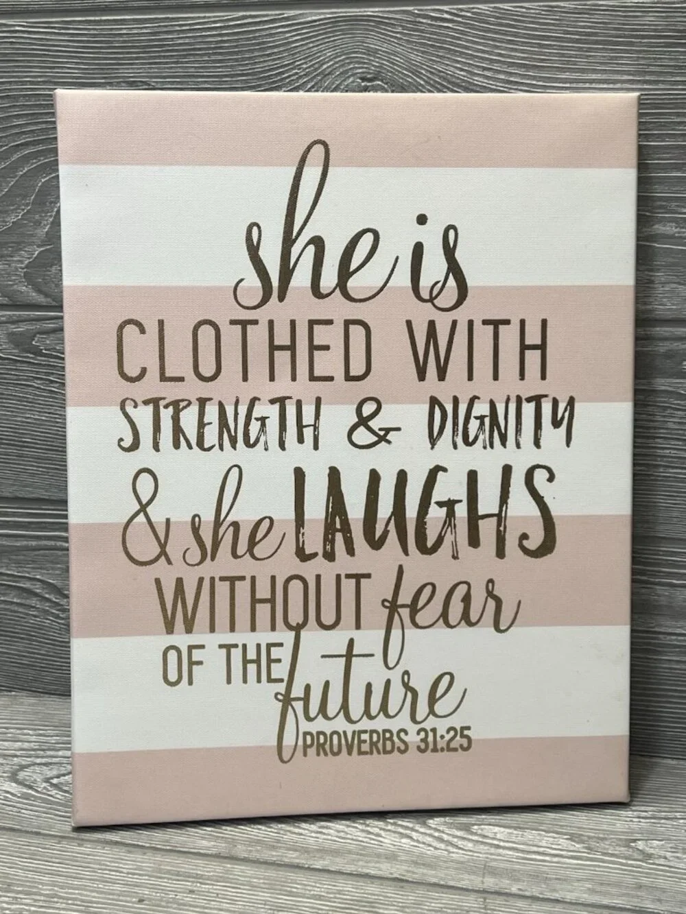 Proverbs 31:25 Bible Verse Wood Hanging Canvas Pink White Stripe Wall Art Decor